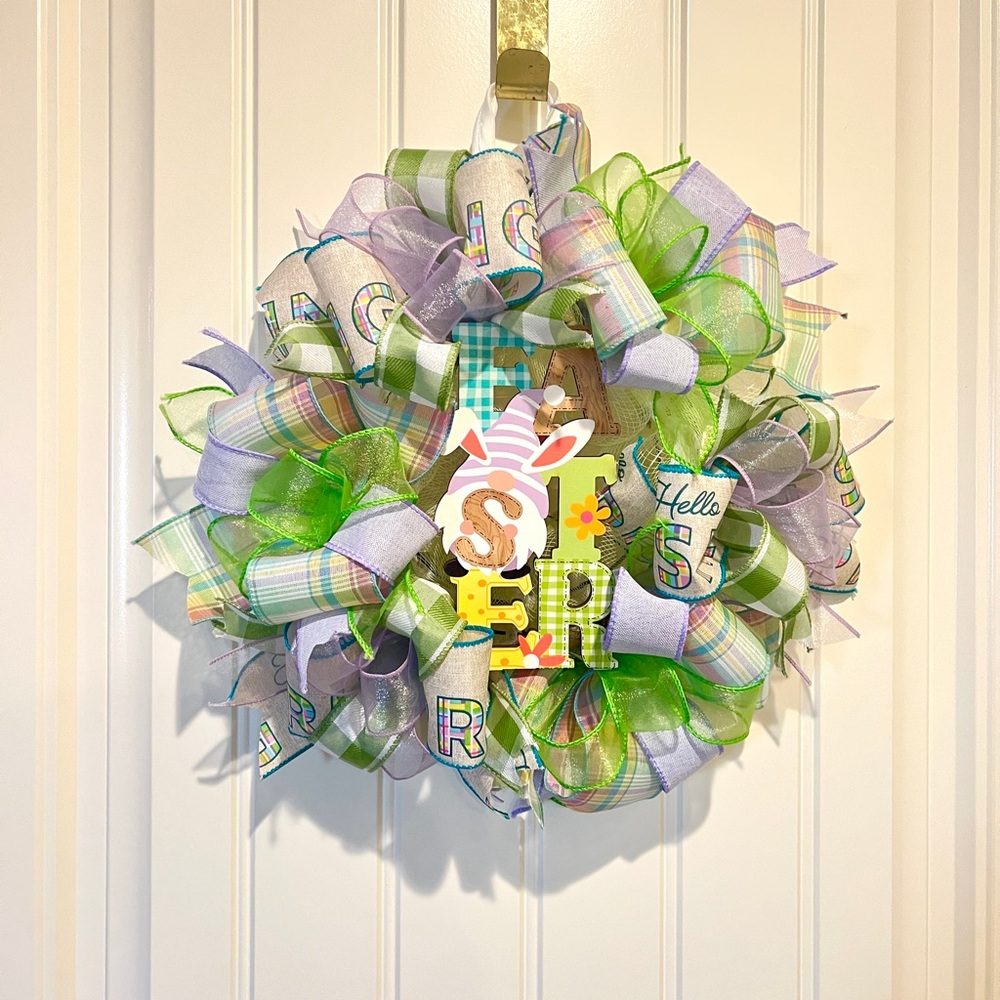 13” Ribbon Wreath "EASTER " Gnome Sign Hello Spring Handmade MW7 - Picture 9 of 11